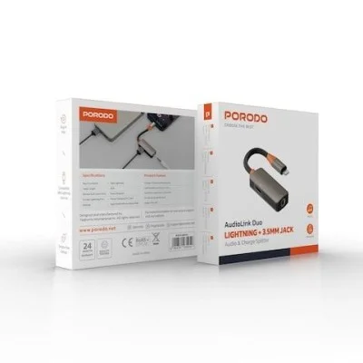 Porodo Duo Charging And Audio Adapter &ndash; Lightning + 3.5Mm &ndash; Black/Orange